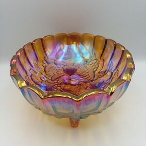 Vintage Iridescent Carnival Glass Bowl Oval Footed Harvest Grape‎ Fruit  12x9